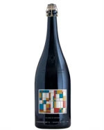 Mørk St. Bernardus magnumflaske med Mondrian-inspireret etiket i rød, gul og blå